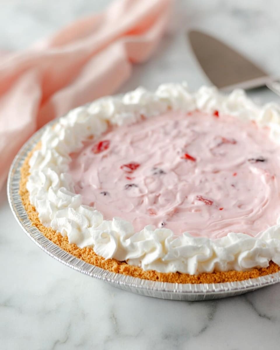A pie with three visible layers sits on a white marbled surface. The bottom layer is a golden brown cookie crust inside a shiny aluminum pie tin. Above that is a thick, light pink creamy layer mixed with small pieces of red fruit. The top edge of the pie is decorated with a thick border of white whipped cream that has a soft, fluffy texture. In the background, there is a metallic pie server and a soft pink cloth. Photo taken with an iphone --ar 4:5 --v 7