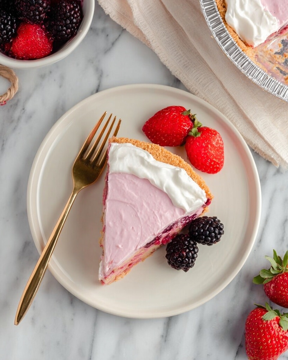 A white plate holds a slice of pie with three layers: a light brown crust at the bottom, a thick, smooth pink layer with visible pieces of fruit in the middle, and a white fluffy layer on top. Next to the pie slice are two bright red strawberries and two dark purple blackberries. A gold fork with a shiny texture is placed on the left side of the plate, touching the pie. The plate is on a white marbled surface with a small piece of a silver pie tin visible in the upper right corner. There is a bowl with a mix of strawberries and blackberries in the upper left, and a woman's hand with a cloth nearby. photo taken with an iphone --ar 4:5 --v 7