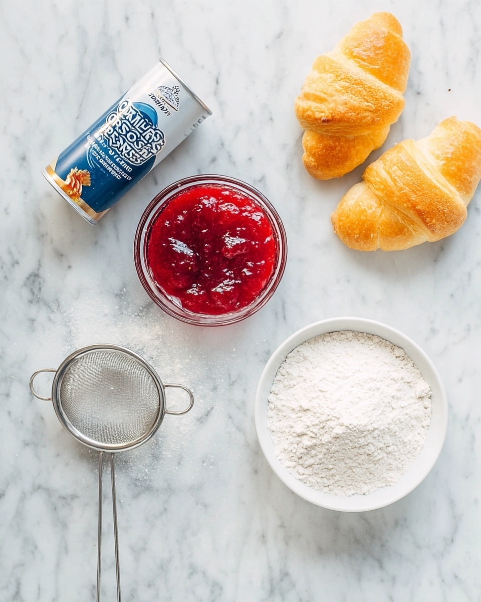 The image shows two blue cans of Pillsbury Grands! Crescent Croissants placed diagonally opposite each other on a white marbled surface. In the center, there is a small clear glass bowl filled with bright red jam that has a glossy and slightly chunky texture. To the right of the bowl, there is a white small bowl filled with off-white flour that has a fine, powdery texture. Below the flour bowl, there is a silver metal sifter with a mesh top showing some flour dust on it, resting on the white marbled surface. The whole setup looks clean and simple with bright, natural lighting. photo taken with an iphone --ar 4:5 --v 7