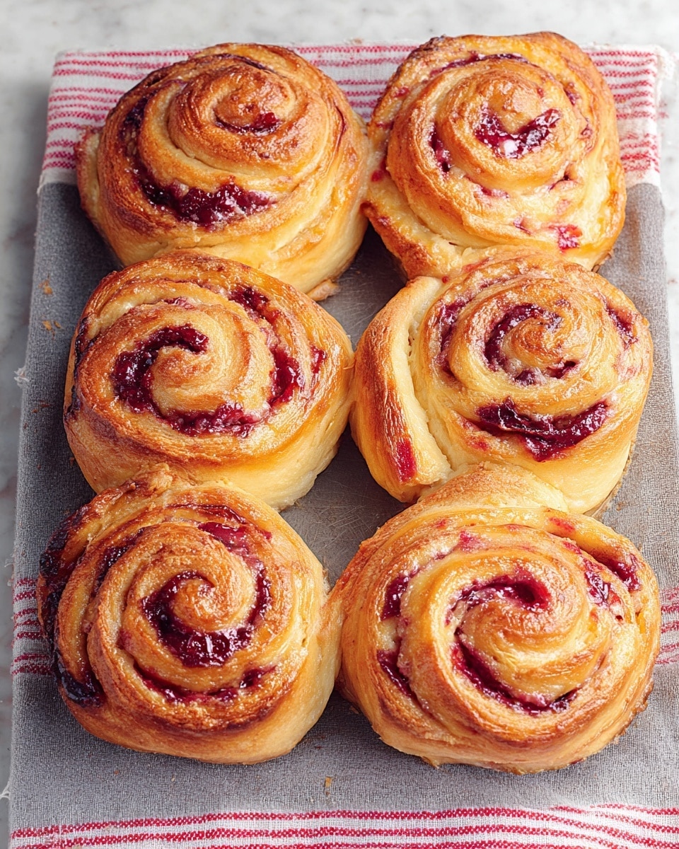 Six round cinnamon rolls with visible swirls and a golden brown crust sit closely together on a gray baking tray. Each roll has multiple layers of soft, flaky dough with reddish-purple patches of jam spread unevenly inside, creating bright spots in the spirals. The top layers have a slight crispy texture with darker caramelized edges. The whole setup is on a white marbled surface, with a cloth bearing red and white stripes placed beneath one side of the tray. Photo taken with an iphone --ar 4:5 --v 7