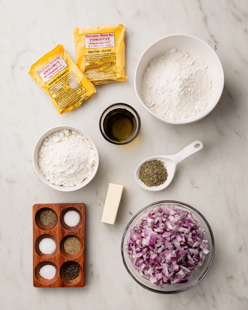 A flat lay image showing several ingredient containers neatly arranged on a white marbled surface. Starting from the top left, there are two small yellow-red packets of active dry yeast placed next to a large empty white bowl on the top right. Below the packets, there's a small dark glass measuring cup containing a golden liquid, likely oil. To the right of this cup, a white measuring spoon holds a small amount of greenish-brown powder. Below the spoon, a white bowl is filled with fine white flour, slightly heaped. At the bottom right, a clear glass bowl contains a pile of finely chopped red onions showing purple and white color. On the bottom left, a small rectangular wooden spice tray with six compartments holds different spices and salt, each with varying textures and colors, including black pepper, white salt crystals, and dried herbs. A small wrapped stick of light-colored butter is placed above the spice tray photo taken with an iphone --ar 4:5 --v 7