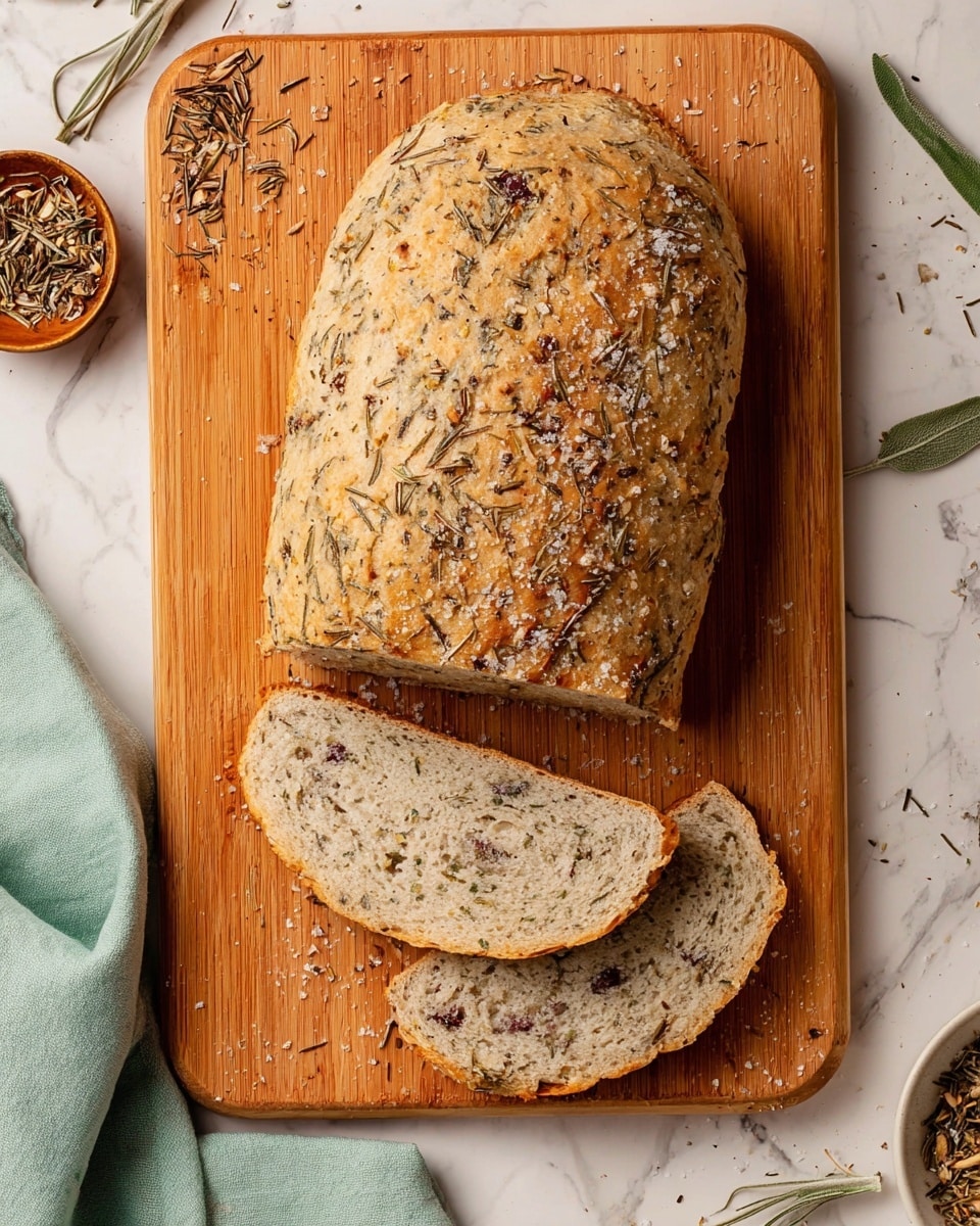A large loaf of herb bread sits on a wooden cutting board with three slices cut from one end; the bread has a light brown crust sprinkled with dried rosemary and coarse salt, showing a soft, textured interior with small bits of herbs mixed inside. Some dried sage leaves and herb crumbs are scattered around the board, which rests on a white marbled surface with a light green cloth partially visible at the bottom left. Photo taken with an iphone --ar 4:5 --v 7