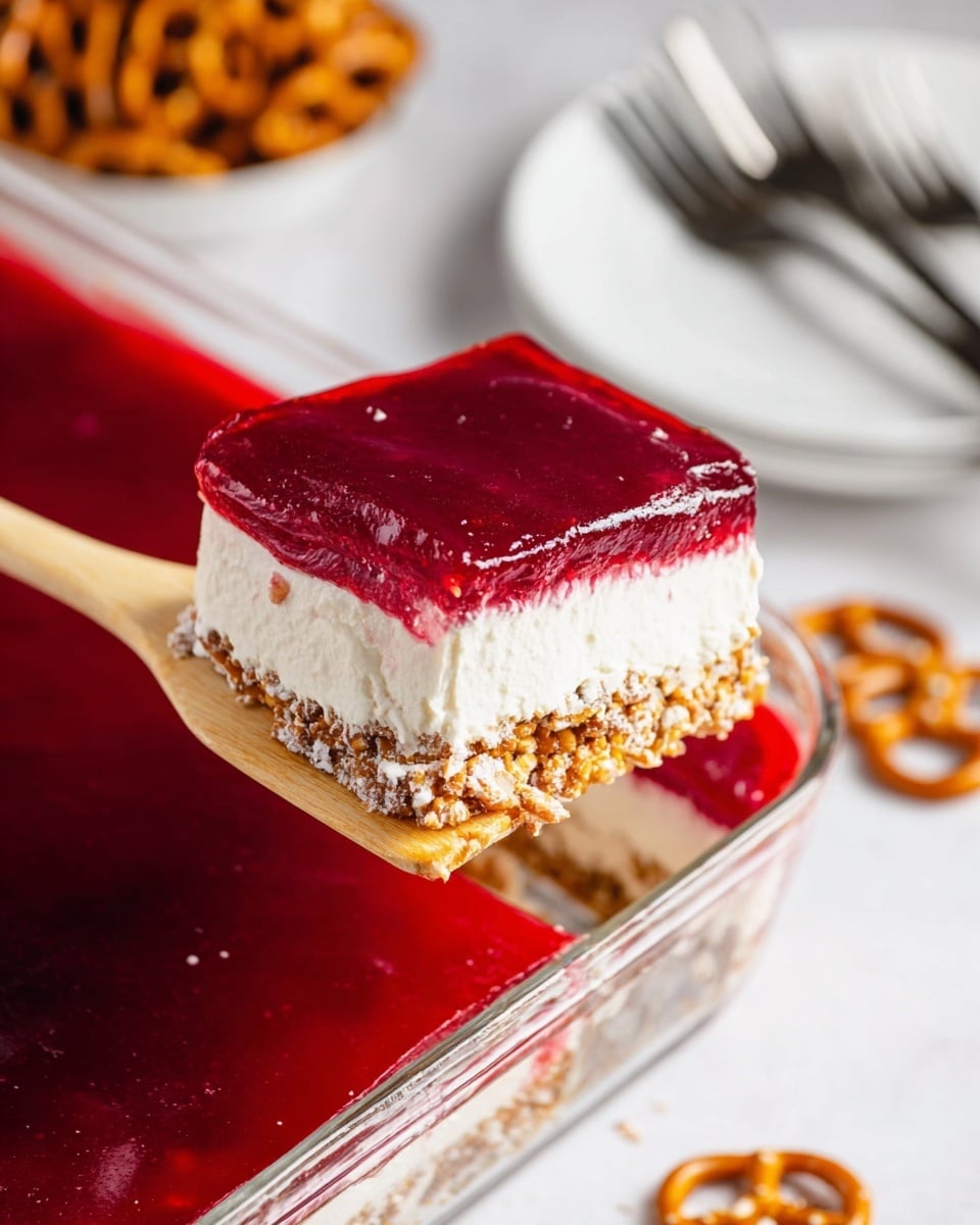 A close-up of a square glass dish showing a three-layer dessert being lifted by a light wooden spatula. The bottom layer is crunchy and golden brown with small pieces of pretzel, the middle layer is thick and creamy white, and the top layer is a smooth, deep red gelatin. The dish is set on a white marbled surface, with a white plate holding silver forks blurred in the background and bowl of pretzels also visible. The lighting is bright and natural, highlighting the glossy texture of the red gelatin and the softness of the cream. photo taken with an iphone --ar 4:5 --v 7