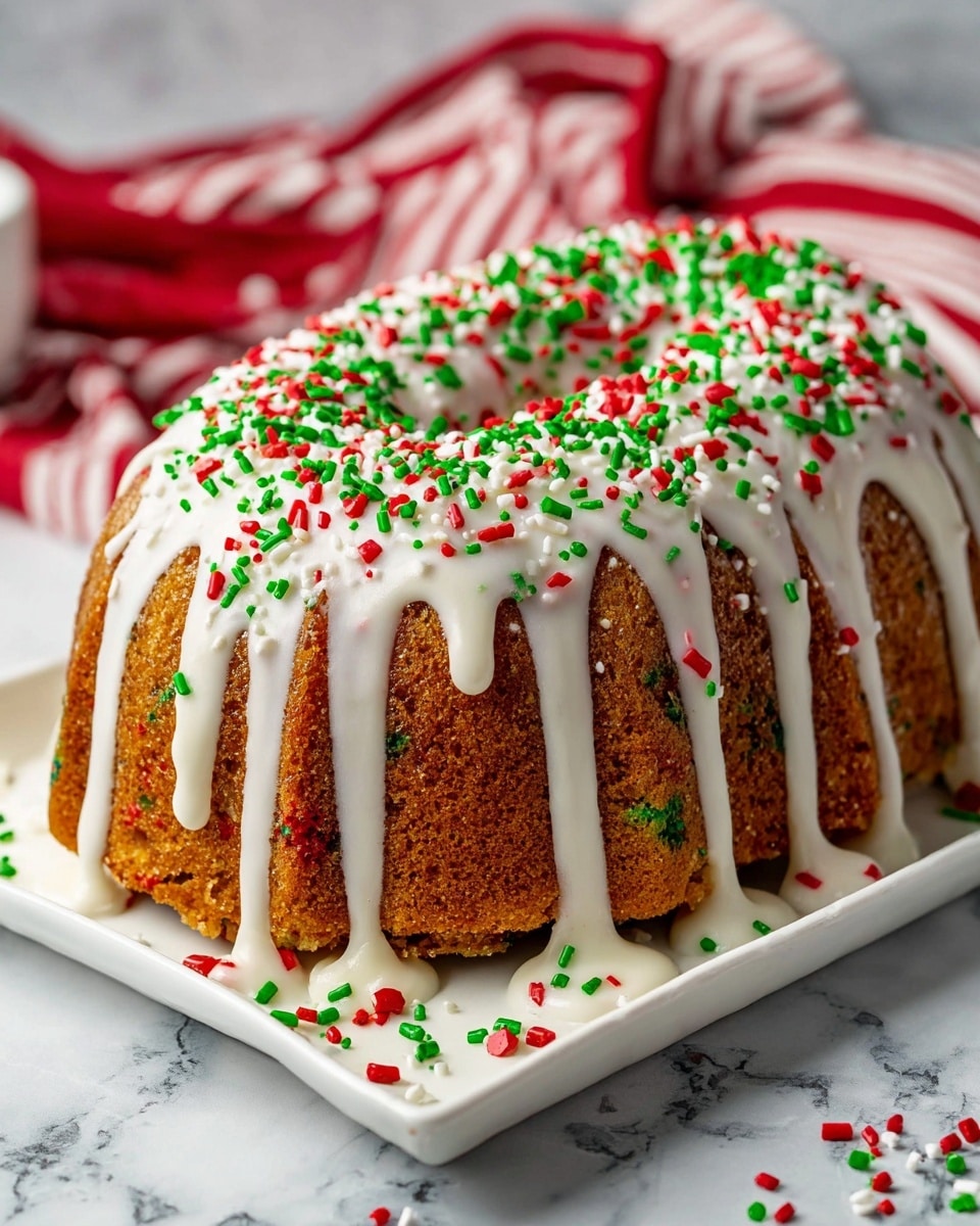 The image shows a single bundt cake with a golden brown texture that has colorful sprinkles inside. It is covered with thick white icing which drips down the sides in uneven streaks. On top of the icing, green, red, and white sprinkles are falling and scattered around, adding bright festive colors. The cake sits on a white rectangular plate placed on a white marbled surface. In the background, there is a red and white striped napkin slightly out of focus. Photo taken with an iphone --ar 4:5 --v 7