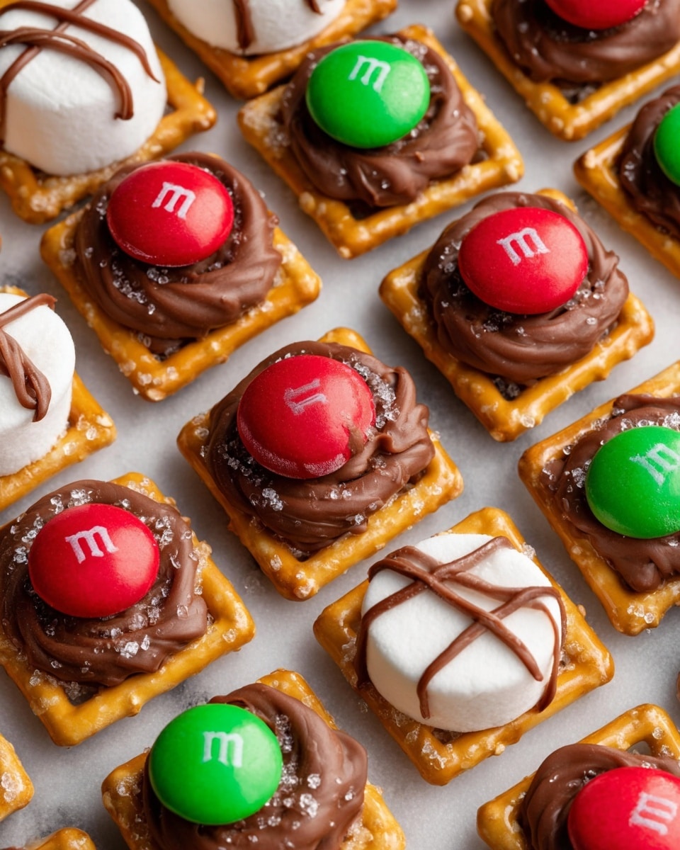 The image shows a close-up of small snack squares made of three layers. The bottom layer is a golden-brown, square pretzel with a shiny, slightly rough texture and salt crystals on top. The middle layer alternates between smooth milk chocolate discs and white marshmallow circles with brown chocolate stripes. The top layer features colorful M&M candies, mostly red ones on the marshmallow squares and a mix of red and green on the chocolate discs. The snacks are laid out in a neat grid on a white marbled surface, filling the frame with even lighting. photo taken with an iphone --ar 4:5 --v 7