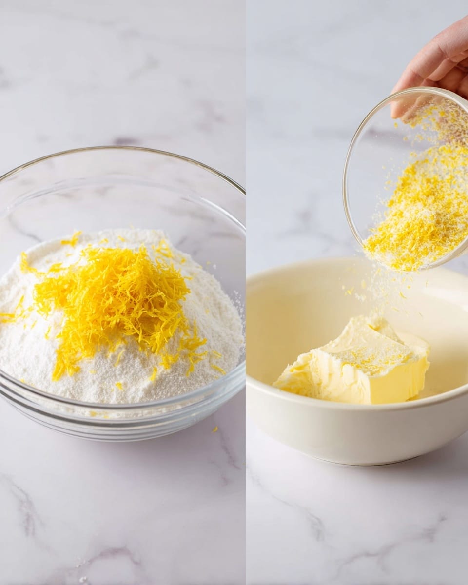 The image shows two clear glass bowls with ingredients for baking on a white marbled surface. The left bowl contains a layer of white sugar with a piled layer of bright yellow lemon zest on top. The right bowl shows a white bowl with a chunk of pale yellow butter at the bottom, and above it a clear glass bowl held by a woman's hand is pouring a mix of white sugar and lemon zest into the butter. The colors are mainly white and yellow with soft lighting, creating a fresh and clean look. Photo taken with an iphone --ar 4:5 --v 7
