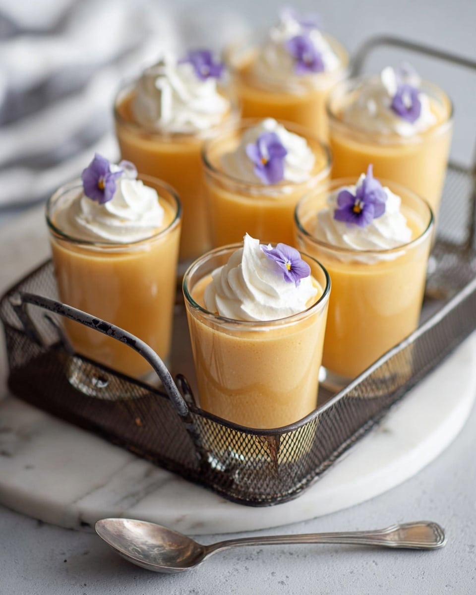 Six glasses filled with a smooth, light orange pudding are placed in a metal holder with a handle. Each glass has one layer of pudding, topped with a swirl of white whipped cream. Two of the glasses have a small purple flower on top of the whipped cream. The metal holder has a dark, rustic look. The setup is on a white marbled surface with a silver spoon in the foreground. Photo taken with an iphone --ar 4:5 --v 7