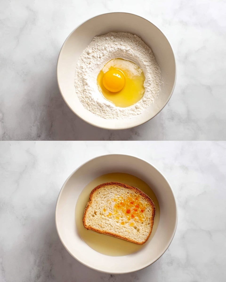 A white bowl sits on a white marbled surface. In the first image, the bowl contains a mixture of white flour and a raw egg with a bright yellow yolk visible on one side, the egg partially submerged in the flour. In the second image, a single slice of soft, light brown bread is placed inside the same white bowl, soaking in a pale yellow liquid with small orange specks scattered on top and around the bread. Photo taken with an iphone --ar 4:5 --v 7