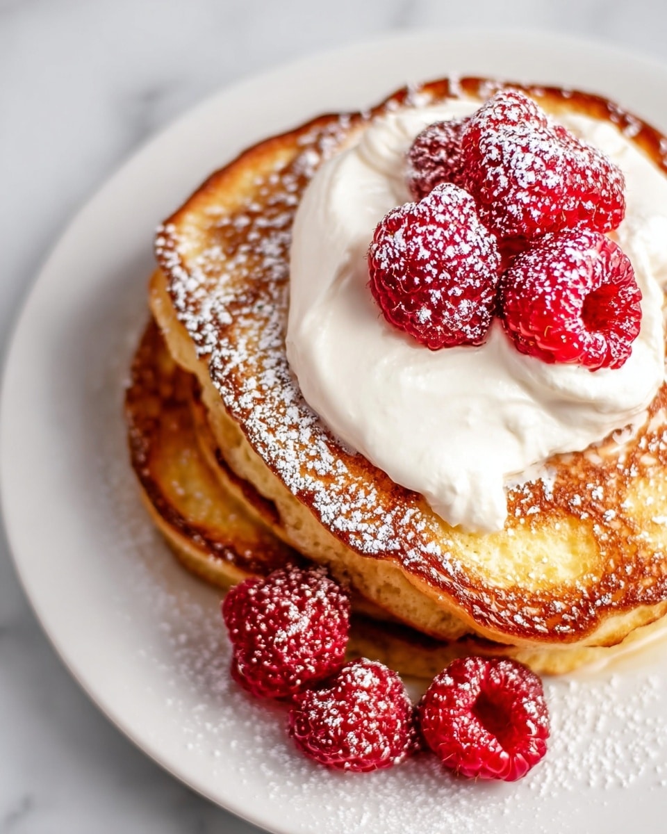 Two golden brown pancakes are stacked on a white plate, showing their slightly crispy edges and soft centers. On top of the pancakes, there is a thick dollop of smooth white cream positioned near the middle. A small pile of bright red raspberries dusted with white powdered sugar rests partly on the cream and pancakes, with a few scattered near the plate edge. The whole stack is sprinkled with powdered sugar, giving a fresh, sweet look against the white marbled background. photo taken with an iphone --ar 4:5 --v 7