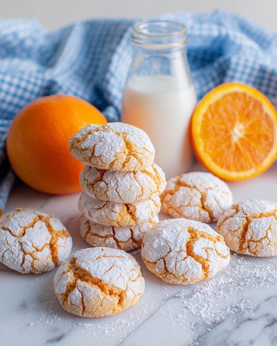 There are eight light orange cookies with cracks and a dusting of white powdered sugar arranged loosely on a white marble surface. Three cookies stack in the middle, with others spread around them. Behind the cookies, there is a small clear glass bottle filled with milk and an orange fruit, one whole and two halves showing a juicy, bright interior. A blue and white checkered cloth lies behind everything. Photo taken with an iphone --ar 4:5 --v 7