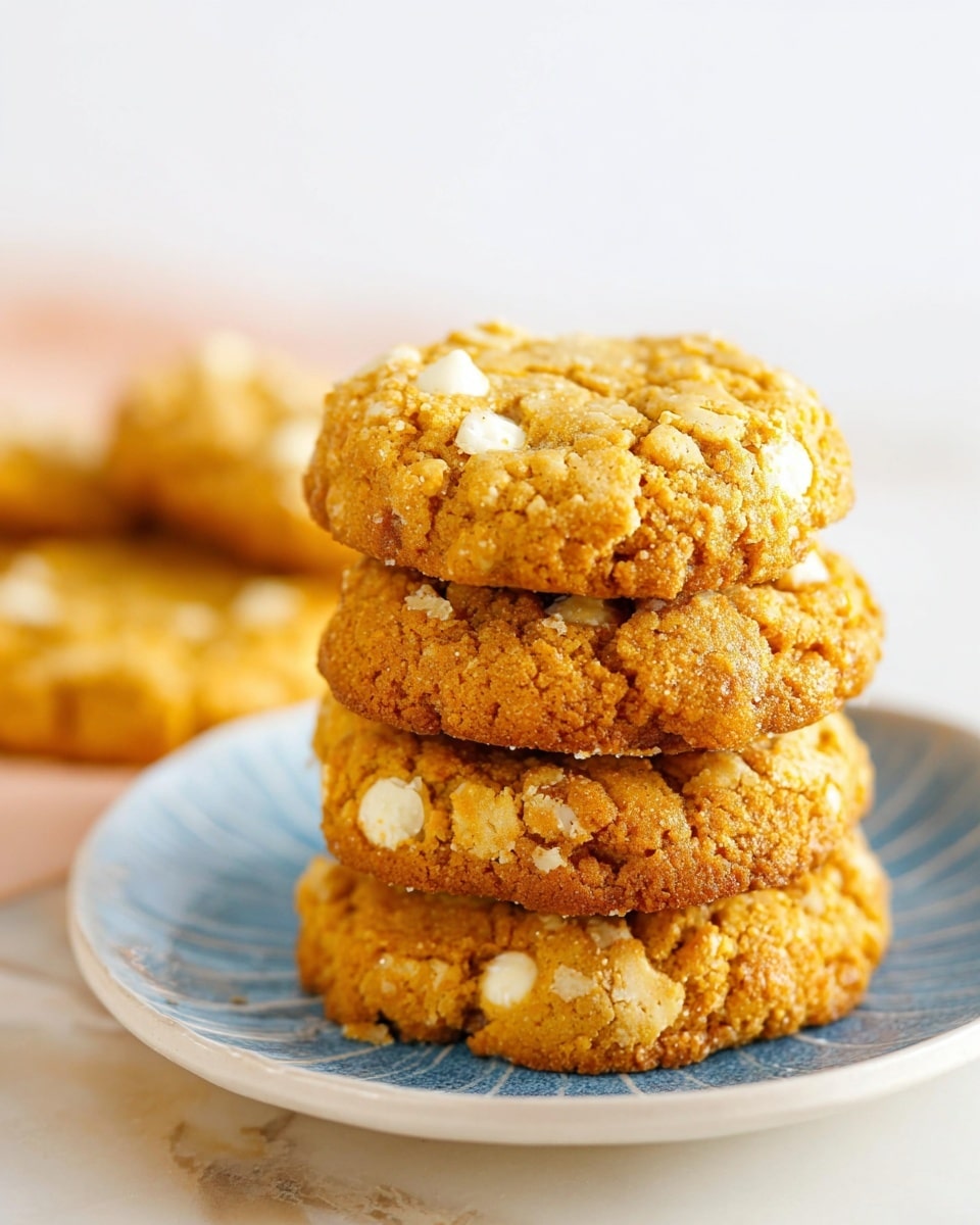 A stack of four thick, round cookies sits slightly off-center on a white plate with a blue edge, placed on a white marbled surface. The cookies are golden brown with a rough, crumbly texture and scattered visible white chocolate chips unevenly embedded throughout each cookie. The top cookie has a cracked surface showing a soft inside, with edges that are slightly darker and crispier. Another cookie lies blurred in the background on the same white plate, adding depth to the image. The overall lighting is bright and natural, highlighting the warm colors and textures of the cookies. Photo taken with an iphone --ar 4:5 --v 7