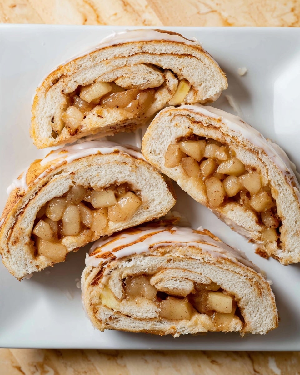 Four slices of a rolled pastry are placed on a large white square plate against a white marbled surface. Each slice shows several layers: the outside is a light brown, soft dough, the inside layers are filled with small, pale yellow apple chunks mixed with a glossy, light brown cinnamon sauce. The apple filling is visible in the center of each slice, surrounded by the soft dough that appears fluffy and slightly golden. Some slices show a bit of white icing on the edges of the dough. Photo taken with an iphone --ar 4:5 --v 7