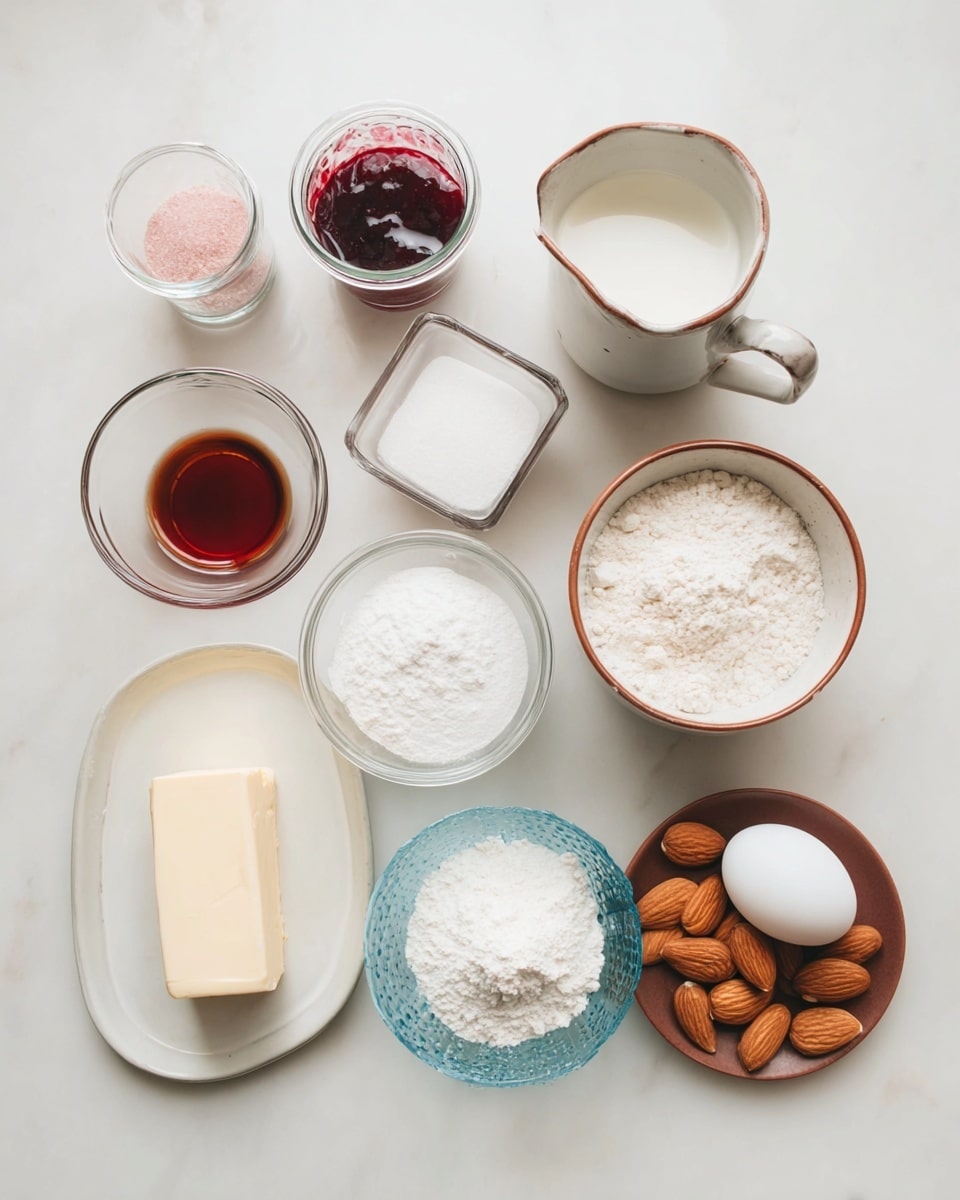 The image shows an arranged set of baking ingredients on a white marbled surface. There are eleven containers: a small glass with pink salt, a small jar with dark vanilla extract, a small jar with red jam, a small square glass bowl with white powdered sugar, a ceramic brown and white bowl with white powdered sugar, a white ceramic pitcher with milk, a small clear jar with salt, a clear glass bowl with white powdered sugar, a small white and blue bowl with flour, an oval white ceramic plate with a block of butter, and a small brown plate holding a white egg and whole almonds. The containers and items are spread out evenly with natural lighting, providing a clean and simple composition. Photo taken with an iphone --ar 4:5 --v 7