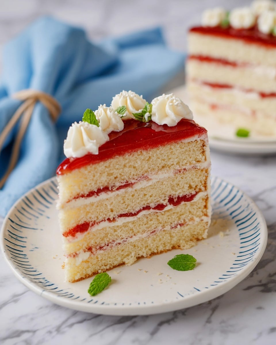 A three-layer vanilla cake slice is shown on a white plate with a blue design, placed on a white marbled surface. Each layer of the cake is light yellow with a soft, crumbly texture, separated by thin layers of bright red strawberry jam. The top of the cake has a smooth red jelly layer and is decorated with white cream piped in small flower shapes around the edge. There are small green mint leaves placed on top and around the plate. The background shows a white cloth and a folded blue napkin tied with white string, with another slice of the same cake on a plain white plate blurred in the back. Photo taken with an iphone --ar 4:5 --v 7