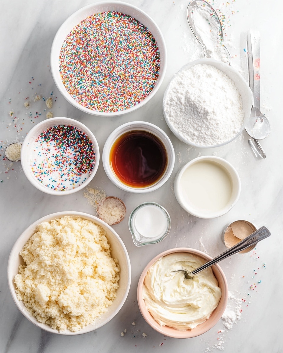 This image shows several bowls and measuring cups with different baking ingredients arranged on a white marbled surface. There is a white bowl filled with colorful sprinkles, a bowl with white powder (likely flour or sugar), and a white bowl with a brown liquid that could be vanilla extract. A small clear measuring cup holds a white liquid, likely milk or cream, while a white bowl contains a creamy white frosting with a spoon in it. There is a light pink bowl filled with a pale yellow crumbly mixture, and a metal ¼ cup filled with a white liquid next to it. The containers are neatly placed with some spilled sprinkles and small scattered crumbs around, creating a clean and bright baking scene photo taken with an iphone --ar 4:5 --v 7