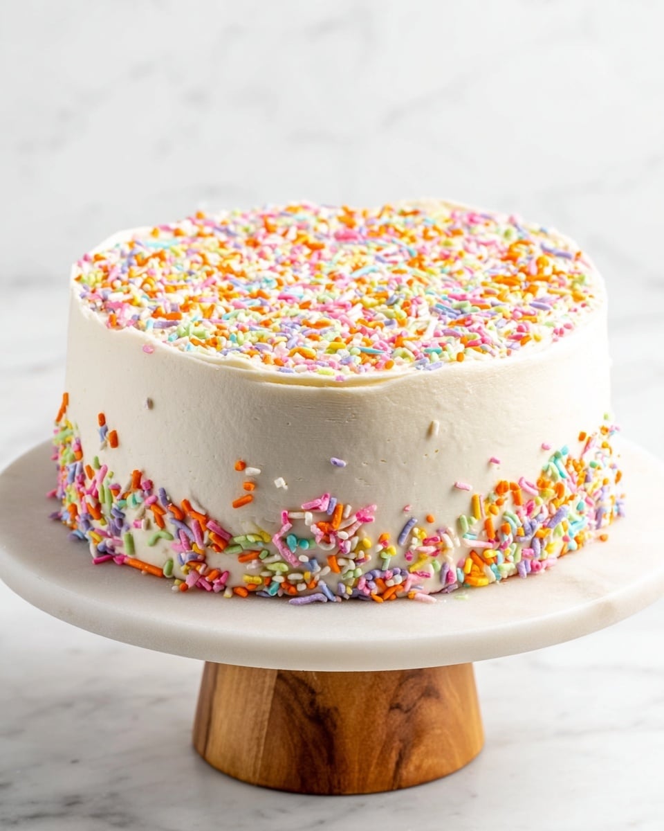 The image shows a round, two-layer cake with smooth white frosting fully covering the sides and top. The top surface and the bottom edge of the cake are decorated with vibrant, colorful sprinkles in shades of pink, orange, yellow, green, blue, and purple. The cake sits on a white marble cake stand with a wooden base, and the whole setting is against a white marbled background. photo taken with an iphone --ar 4:5 --v 7