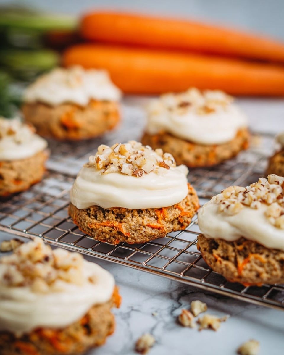 The image shows several round carrot cookies on a silver cooling rack placed on a white marbled surface. Each cookie has a rough textured orange-brown base with visible carrot pieces and is topped with a thick layer of creamy white frosting. On top of the frosting, there is a sprinkling of crushed nuts for added texture. In the background, two fresh orange carrots with green tops are placed on the left side, slightly out of focus. The overall scene has a soft and warm feel. photo taken with an iphone --ar 4:5 --v 7