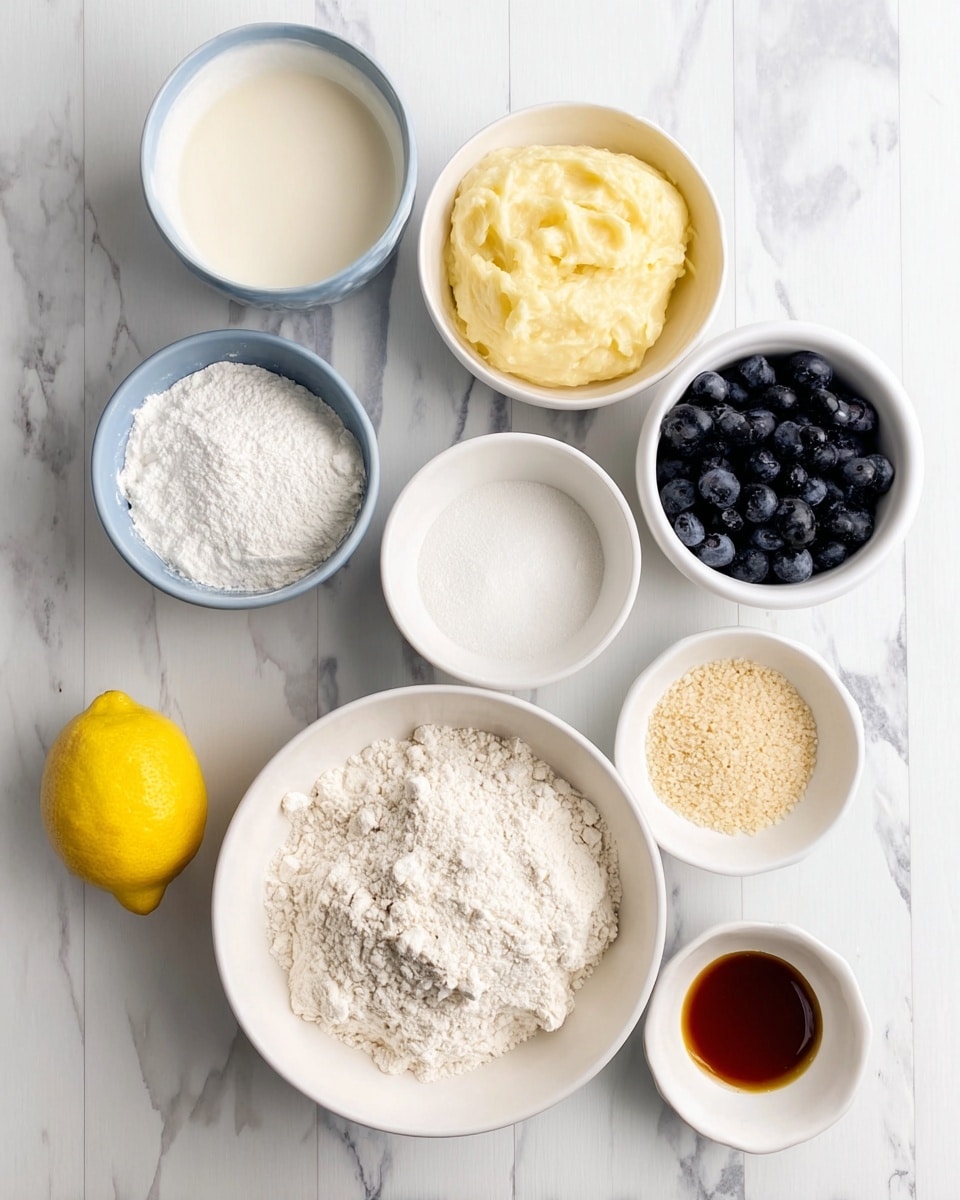 The image shows eight white bowls and a lemon arranged on a white marbled surface. The largest bowl in the front center holds a heap of white flour with a rough texture. Behind it, to the right, a small bowl contains a smooth, creamy white mixture. Next to it, a bowl holds a yellowish, mashed substance with a slightly grainy texture. To the left, a small bowl has white powders, likely baking powders or salts. At the top left, a bowl contains a white liquid, while the top right bowl is filled with dark blue blueberries that have a shiny surface. In the middle center, a small bowl is filled with light tan granules, and to the bottom right, a tiny bowl holds a dark amber liquid. A bright yellow lemon is placed on the left side near the front. The bowls are evenly spaced and the whole setup is neat and bright. photo taken with an iphone --ar 4:5 --v 7
