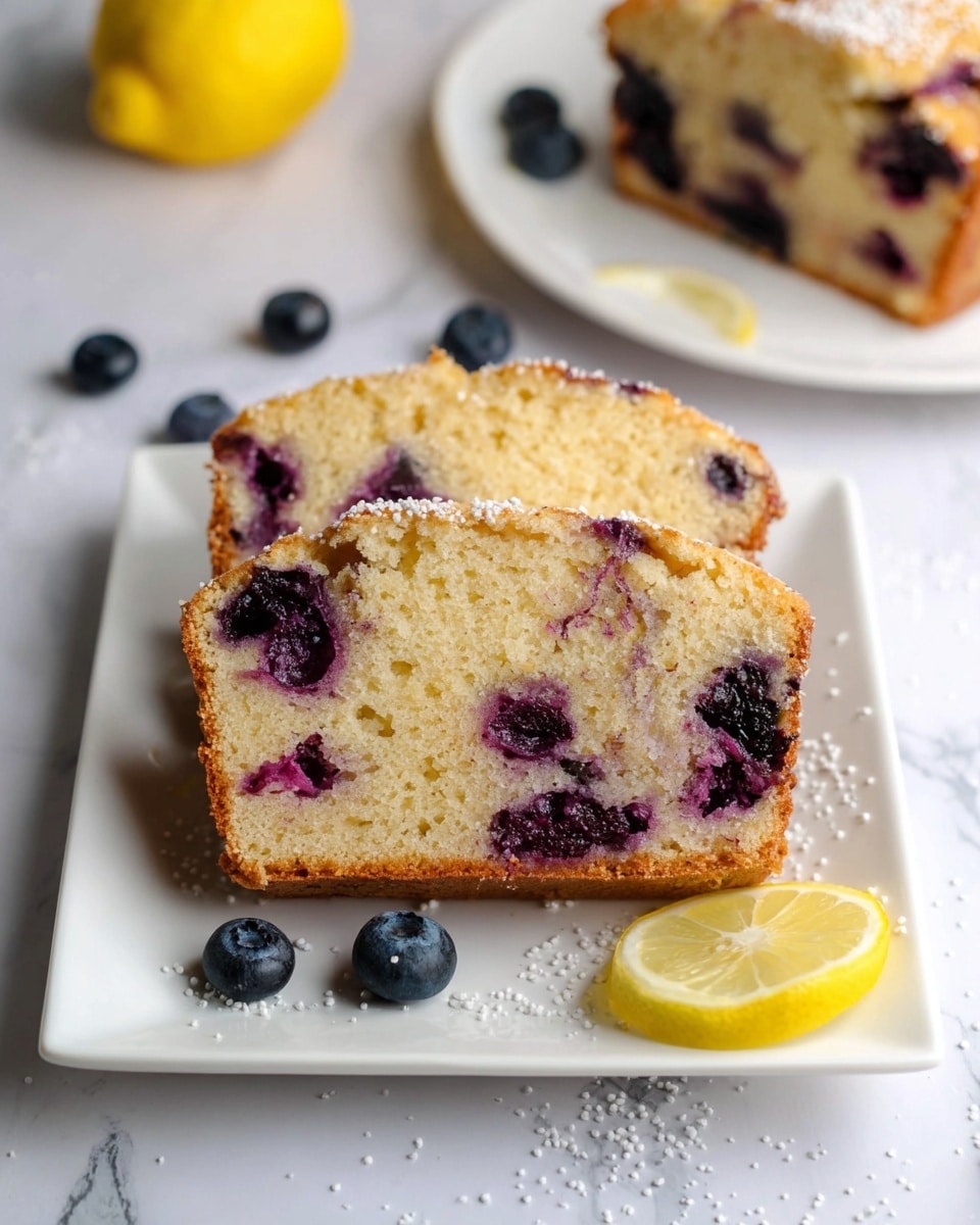 Two slices of blueberry lemon loaf cake are placed centrally on a white square plate. The cake's texture is soft with a light golden-brown crust, creamy beige inside, and vibrant purple blueberries scattered through both slices. Around the plate, small white powdered sugar sprinkles add detail. In front of the plate, a half lemon with a bright yellow rind and pale yellow interior sits alongside several dark blue blueberries. The background is a white marbled surface with another white plate holding a piece of the same loaf cake and a lemon slice visible slightly out of focus. Photo taken with an iphone --ar 4:5 --v 7