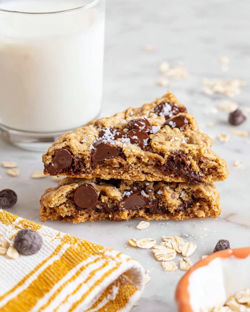 Two thick, triangular oatmeal chocolate chip cookies are stacked on top of each other, showing the soft, textured inside filled with melted chocolate chips. The cookies are light brown with visible oats and scattered dark chocolate chips on top, dotted with flakes of salt. They rest on a white marbled surface with a few chocolate chips and oats scattered around. Next to the cookies is a clear glass of milk and a striped cloth with yellow stitching. In the bottom right corner, part of a white bowl with an orange rim is visible. Photo taken with an iphone --ar 4:5 --v 7