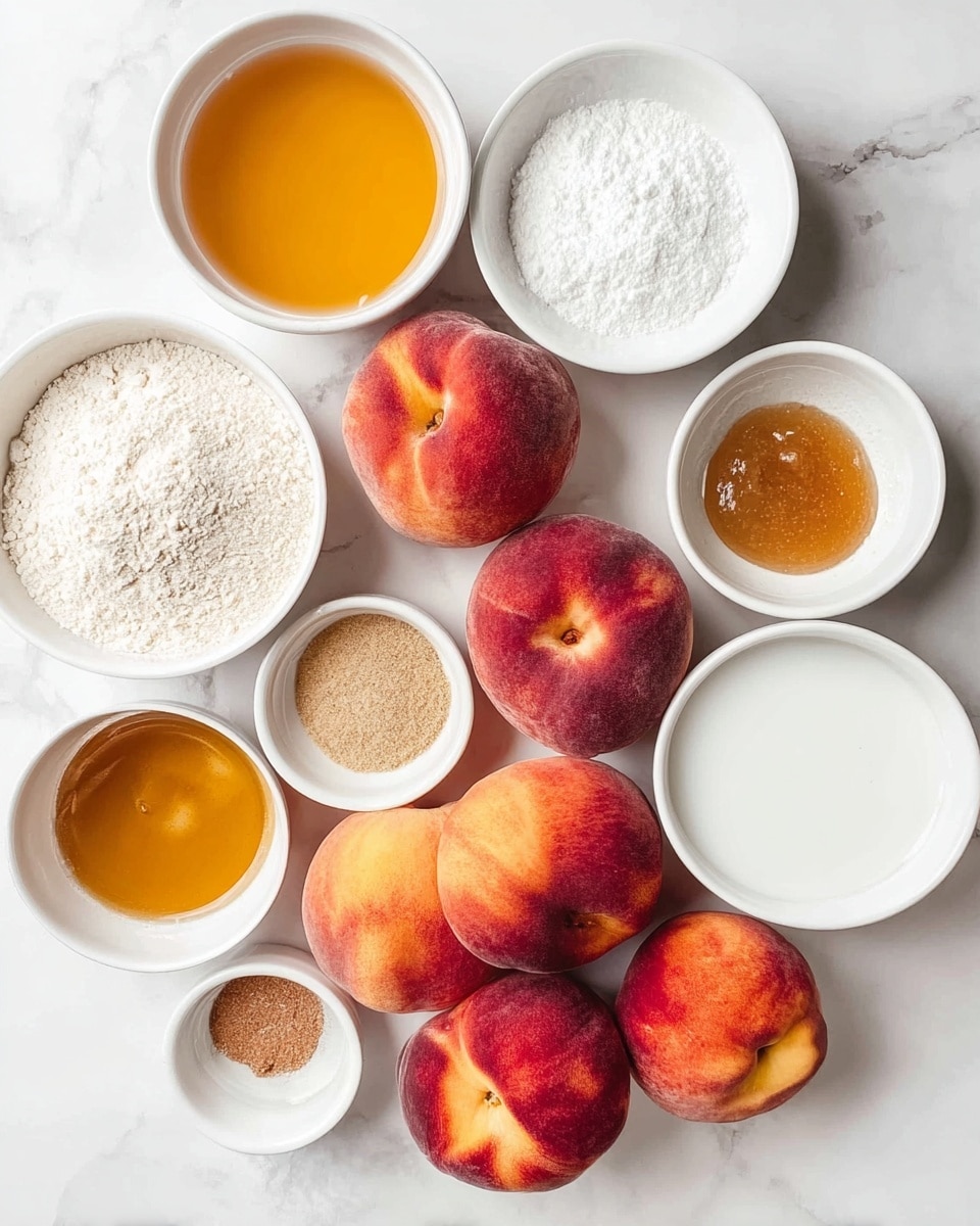 A white marbled surface is arranged with fresh whole peaches, their reddish-orange skin with soft yellow patches standing out among several small white bowls filled with dry and liquid ingredients. The bowls contain white flour with a powdery texture, granulated white sugar, melted yellow butter, light brown powder spices, coarse salt, and glossy maple syrup. The peaches and bowls are placed in an organized way, with the fruits clustered mostly in the center, giving a fresh and clean look. Photo taken with an iphone --ar 4:5 --v 7