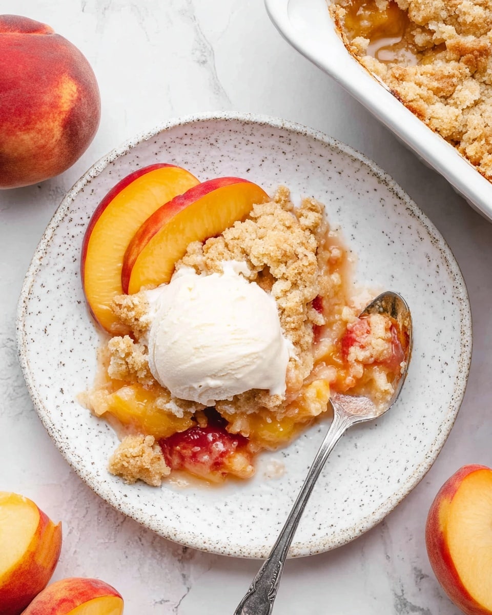 A white speckled plate holds a serving of peach cobbler with a thick, golden-brown crumb topping that is uneven and textured. Underneath, the peach filling is juicy and soft, showing shades of yellow and pink with some peach slices visible. On top of the cobbler is a generous scoop of smooth, white vanilla ice cream melting slightly over the warm dessert. Two fresh peach slices rest at the top edge of the plate, adding vibrant orange and red hues. A silver spoon with a bit of cobbler and ice cream is placed on the right side of the plate. The plate sits on a white marbled surface with whole and halved peaches scattered around. The upper right corner shows a white baking dish filled with more of the peach cobbler. Photo taken with an iphone --ar 4:5 --v 7