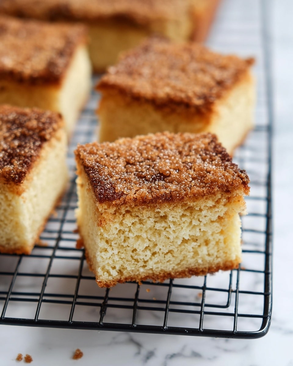 The image shows four thick square pieces of cake resting on a black cooling rack. Each cake square has two layers: the bottom layer is light golden and soft with a slightly crumbly texture, and the top layer is a darker brown crust sprinkled with coarse sugar crystals for a crunchy look. The cakes are positioned in two rows on a white marbled surface, with the front two squares in clear focus and the back two slightly blurred, creating depth. photo taken with an iphone --ar 4:5 --v 7