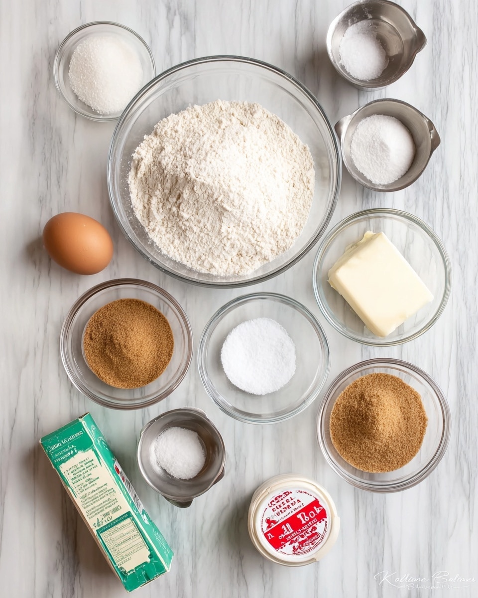The image shows ingredients arranged neatly on a white marbled surface: in the center is a large clear glass bowl filled with white flour. Around it are smaller clear glass bowls holding white granulated sugar, light brown sugar, and a light beige powder. There are two small silver metal cups, one with white granulated salt and the other with a brown powder. A pale brown egg, an unopened light beige stick of unsalted butter with a labeled wrapper, a green container of baking soda, and a small red and white container of cream of tartar are also placed among the bowls. The setup is clean and organized for baking preparation. photo taken with an iphone --ar 4:5 --v 7