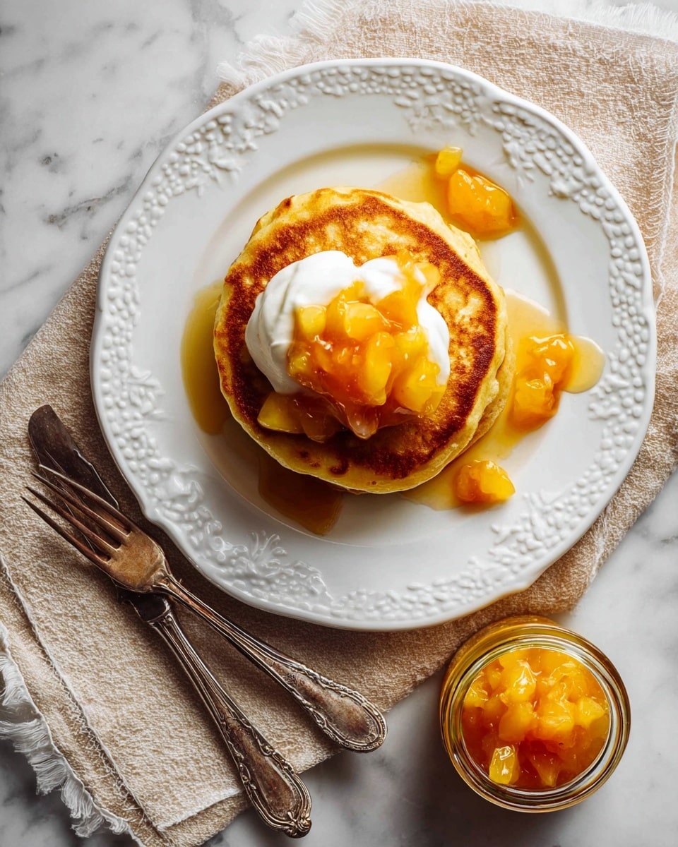 Three round pancakes cooking on a black griddle are shown, each pancake is light beige in color with small air bubbles on its surface. Embedded in the top layer of each pancake are several chunks of bright orange fruit, giving a pop of color and texture contrast. The griddle with the pancakes sits against a white marbled surface in the background. The texture of the batter looks soft and slightly thick. Photo taken with an iphone --ar 4:5 --v 7