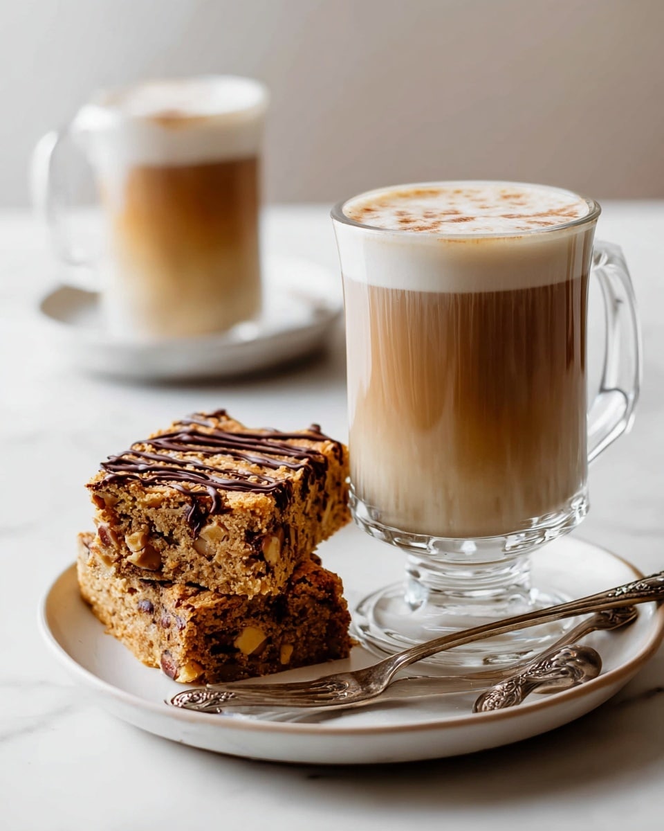 The image shows two clear glass mugs filled with a creamy beige frothy drink, with a thick foam layer on top. The mugs have handles and are placed on a white plate. In front of the mugs, on the plate, there are four brown cinnamon sticks arranged in a small bundle. Behind the mugs, there is a stack of two small, square brownies with a dark chocolate drizzle on top, showing a slightly chunky texture. The background features a smooth white marbled surface, giving a clean and bright look. photo taken with an iphone --ar 4:5 --v 7