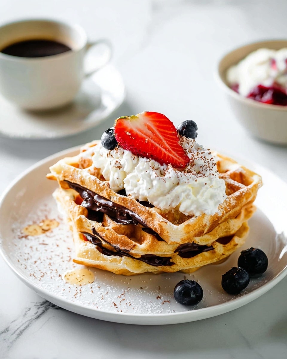 Three thick square waffles are stacked unevenly on a white plate, each waffle showing a golden-brown color with deep square pockets and a crispy texture on the edges. The waffles have a slightly flaky, layered appearance on the sides. In the background, there is a soft-focus grayish white cup with a thin gold rim and a white bowl filled with chocolate spread. The setting is on a white marbled surface with a white tiled wall in the background, creating a clean, bright atmosphere. Photo taken with an iphone --ar 4:5 --v 7
