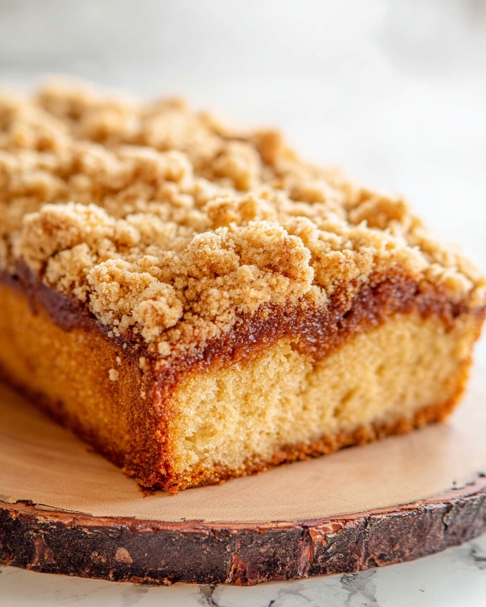 A close-up view of a rectangular loaf cake with three visible layers: the bottom layer is a rich brown baked cake with a soft texture, the middle layer appears to be a thin, slightly darker brown filling, and the top layer is a golden brown crumb topping made of chunky, uneven clusters that look crunchy and crumbly. The cake rests on a round wooden board with bark on the edge, placed on a white marbled surface. photo taken with an iphone --ar 4:5 --v 7