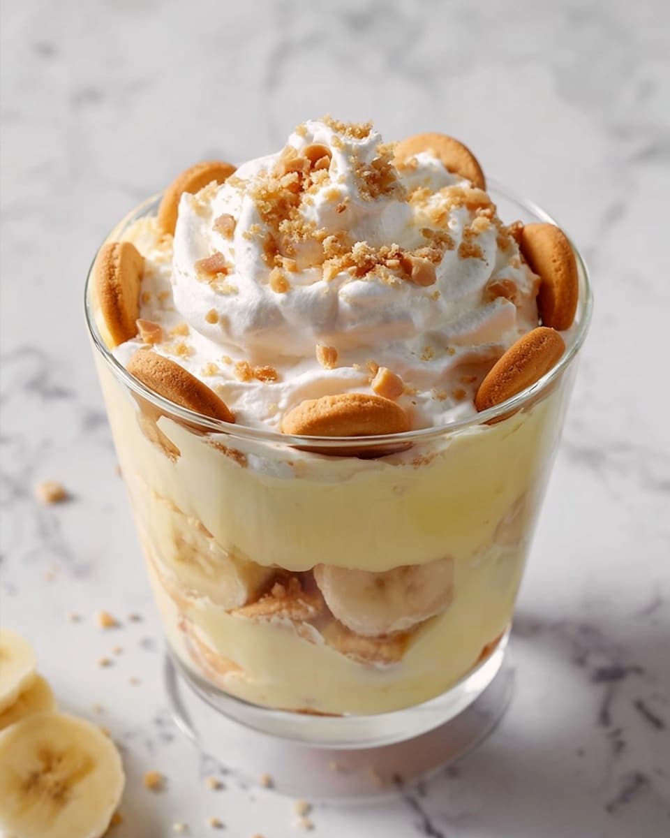 A clear glass cup filled with a layered dessert: starting from the bottom, a pale yellow creamy layer, followed by a layer of whole round light brown cookies; above that another smooth pale yellow cream layer holds slices of banana visible on the side. The top layer is a thick white whipped cream spread unevenly, sprinkled with small crushed cookie pieces in light brown. Whole cookies also line the inside edge of the glass as visible from the top. The glass is set on a white marbled surface. Photo taken with an iphone --ar 4:5 --v 7