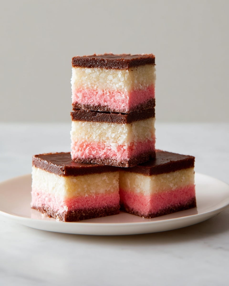 Six square slices of a three-layered dessert are neatly arranged in two columns on a white plate set on a white marbled surface. Each slice has a bottom pink layer with a coarse texture, a middle creamy white layer with a similar texture, and a top dark brown layer sprinkled with small white flakes. The layers are even and distinct, creating a clear separation between the colors. Photo taken with an iphone --ar 4:5 --v 7