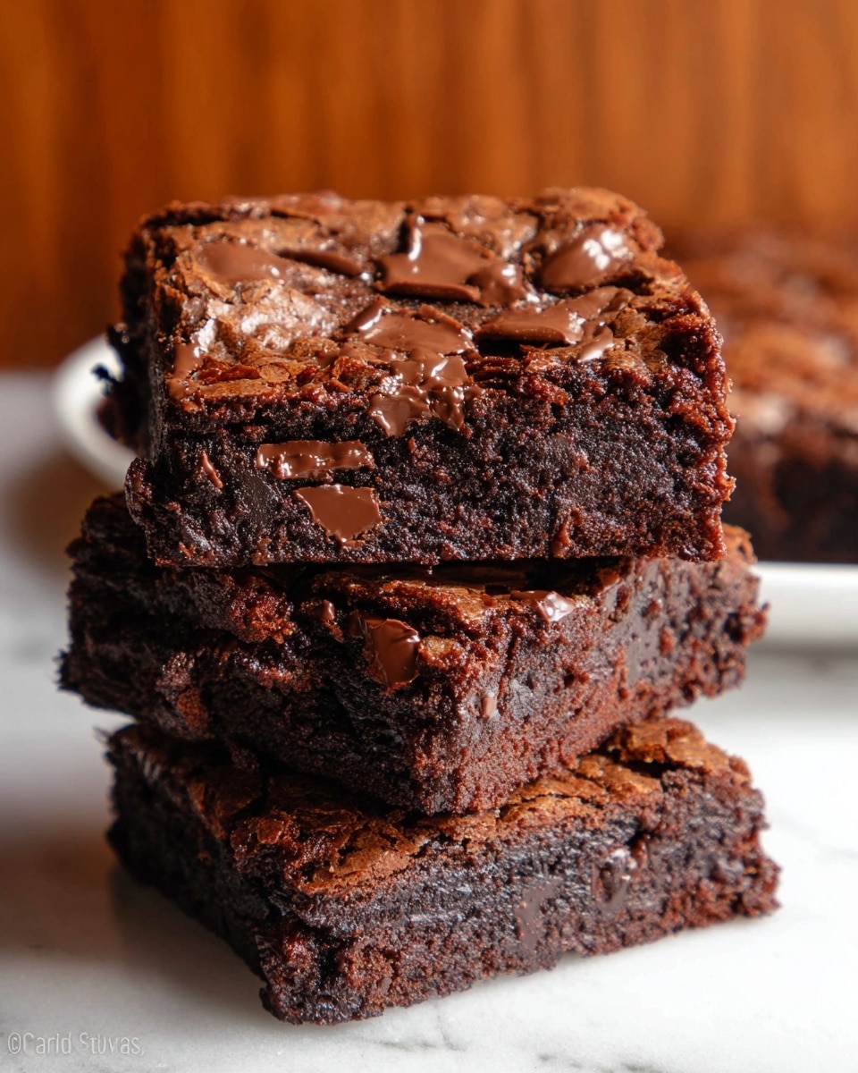 The image shows four square chocolate brownies on a white marbled surface. Each brownie has a cracked, shiny top layer with uneven chunks of dark chocolate embedded in it, adding texture and depth. The brownies look thick with a dense, soft-looking inside that contrasts with the slightly crispy top. There is a small crumb or piece near one brownie, emphasizing their soft texture. photo taken with an iphone --ar 4:5 --v 7