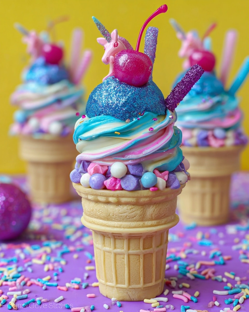The image shows a colorful ice cream cone with three visible layers: the cone at the bottom is light beige with a classic waffle texture, the middle layer has blue and pink swirled soft serve ice cream with smooth, creamy texture, and the top layer has a bright blue cherry coated with edible glitter and a pink candy shaped like a unicorn, surrounded by multi-colored round sprinkles in pink, purple, blue, and white, as well as small stick-shaped sprinkles in pastel colors. The ice cream is set against a yellow background and placed on a purple surface covered with scattered sprinkles, with more similarly decorated cones visible blurred in the background. photo taken with an iphone --ar 4:5 --v 7