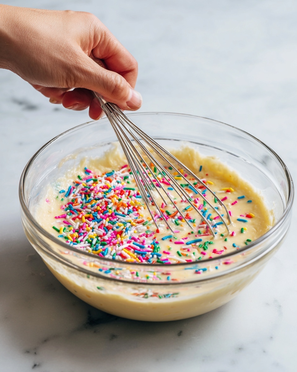 Funfetti Cupcakes with Vanilla Buttercream Frosting Recipe 4 A clear glass bowl filled with pale yellow cake batter, mixed with colorful rainbow sprinkles on the surface and partially stirred with a metal whisk. The bright sprinkles, including red, blue, green, pink, purple, orange, and white, float on top of the smooth batter, creating a vibrant contrast. A woman's hand holding the whisk is seen from the left edge, gently lifting the sprinkles into the batter. The bowl sits on a white marbled surface. photo taken with an iphone --ar 4:5 --v 7