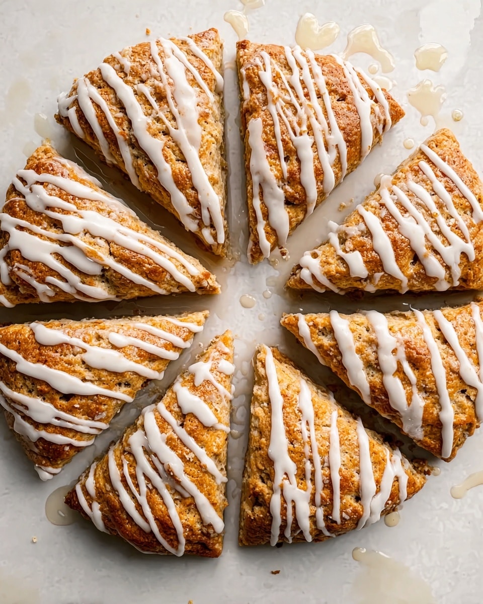 A close-up of three triangular scones arranged closely together, each with a golden-brown, slightly rough textured crust. They are topped with a white icing drizzle in a crisscross pattern that looks creamy and smooth, some of it dripping onto the white marbled surface underneath. The scones' edges are slightly crumbly, showing a soft inside beneath the crust. Photo taken with an iphone --ar 4:5 --v 7