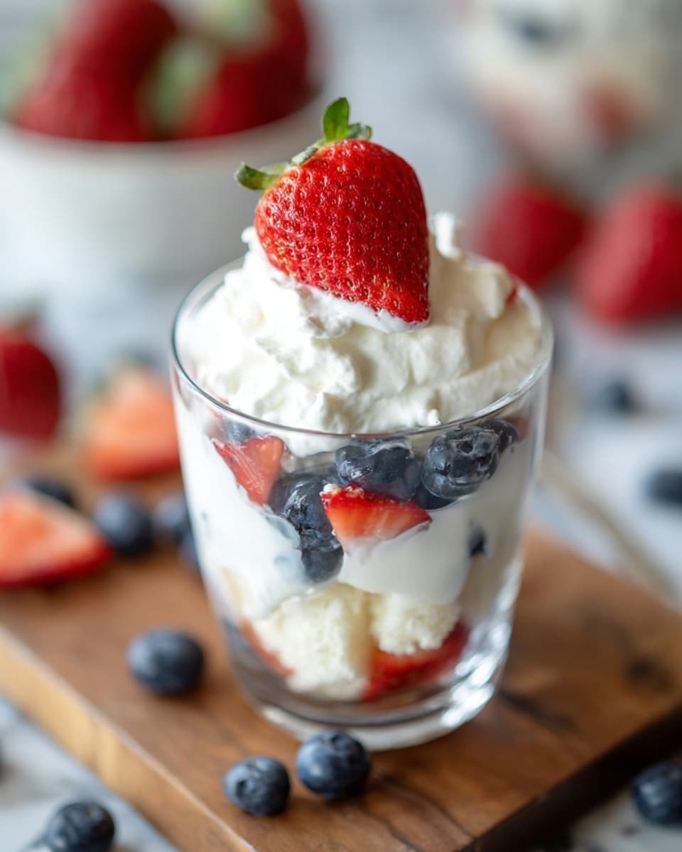 The dessert is shown in a clear glass cup with three layers: the bottom layer has small white cake pieces mixed with whole blueberries and sliced strawberries; the middle layer is a thick, white creamy layer; topped with another layer of white cream with a fresh half strawberry placed on top center. The glass cup is on a wooden board, with blurred strawberries and blueberries scattered around on a white marbled surface in the background. Photo taken with an iphone --ar 4:5 --v 7