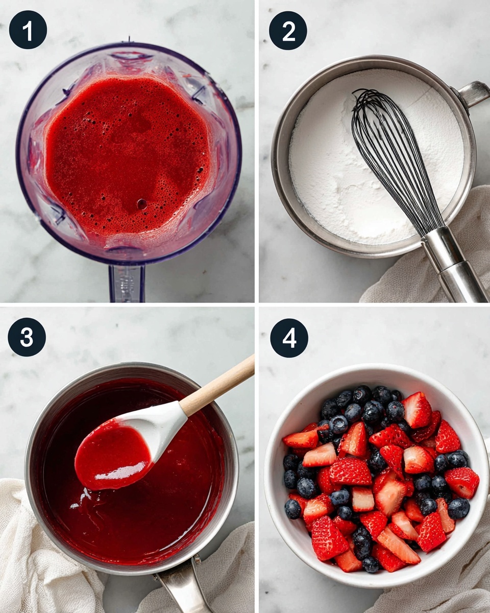 Blueberry Strawberry Pie Recipe 4 The image shows four photo steps for making a berry sauce. The first photo has a top view of a blender with smooth red liquid inside, showing a clear texture with tiny bubbles. The second photo is a silver saucepan with white powder inside and a black whisk resting on top, all set on a white marbled surface. The third photo shows the same saucepan now filled with a glossy, thick red sauce being dripped off a wooden spoon. The fourth photo is a white bowl filled with chopped strawberries and whole blueberries, all mixed with the red sauce and a white spatula inside. A white cloth is partly visible near the bowls in all images. photo taken with an iphone --ar 4:5 --v 7