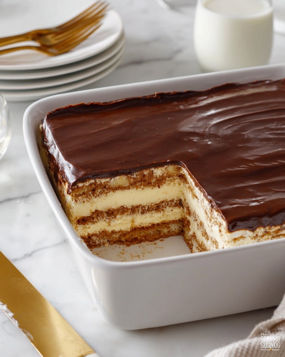 This image shows a white rectangular dish with a layered dessert inside. The dessert has four visible layers, starting with a light brown crunchy base, followed by a thick creamy beige layer, then another crunchy light brown layer, and another creamy beige layer. The top layer is a smooth, shiny dark brown chocolate glaze, spread evenly over the whole dessert. One piece is missing from the front right corner, showing the layers clearly. The dish sits on a white marbled surface, with a gold cake server and a glass of milk nearby. In the background, there are white plates and two gold forks, slightly out of focus. Photo taken with an iphone --ar 4:5 --v 7