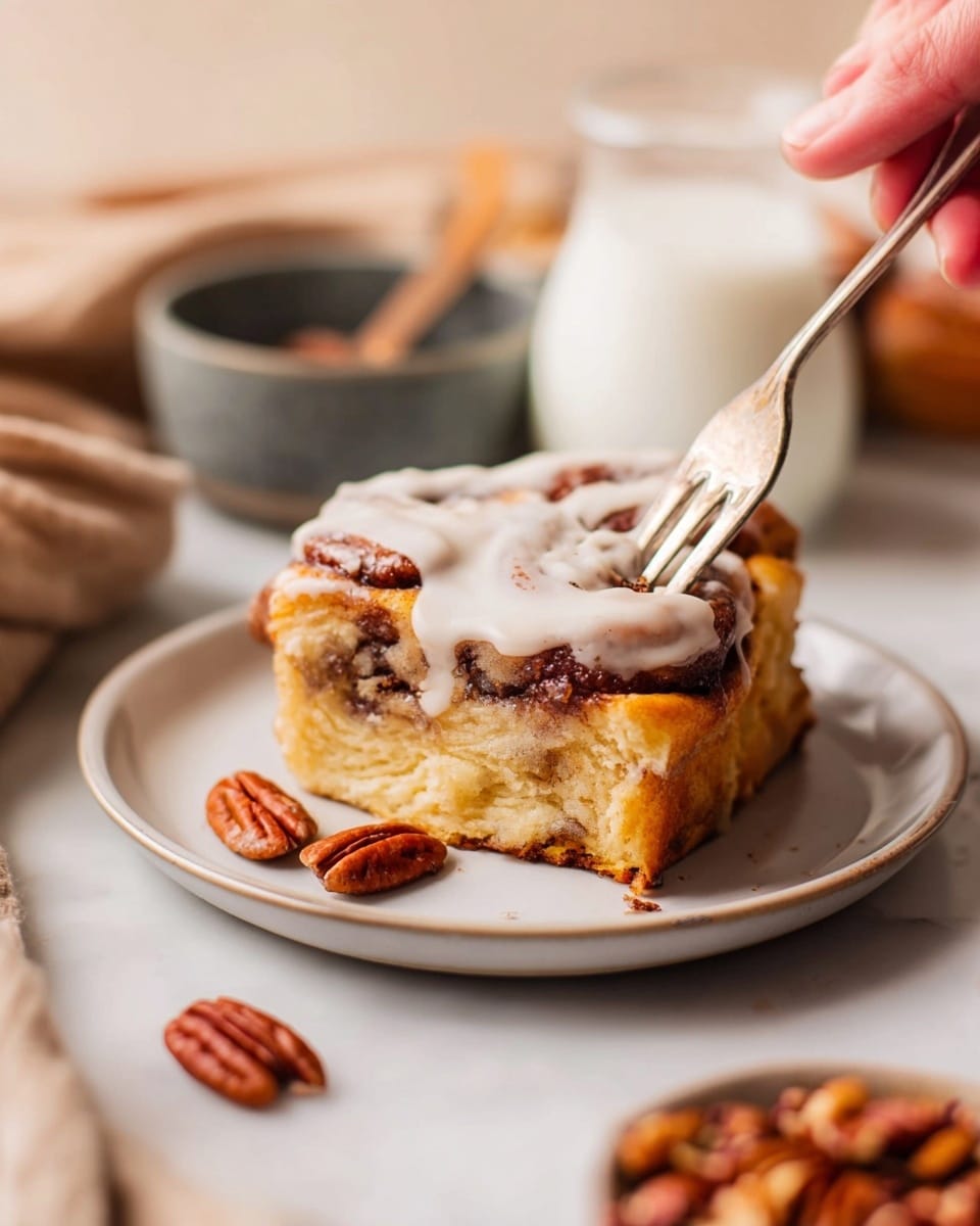A thick square piece of cinnamon roll sits in the middle of a white plate on a white marbled surface. The cinnamon roll has three visible layers: the bottom layer is a soft golden brown dough base, the middle layer shows swirled, darker cinnamon filling, and the top layer is cream white icing that is smoothly spread but slightly uneven. A woman’s hand holds a fork cutting into the cinnamon roll from the right side, with the fork pressing down on the swirled dough. Around the plate, there are a few pecans, a small gray bowl filled with pecans, and a blurred glass of milk in the background. The overall scene is warm with soft light highlighting the textures of the cinnamon roll and pecans. photo taken with an iphone --ar 4:5 --v 7