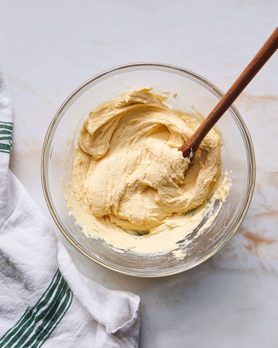A large clear glass bowl sits on a white marbled surface, filled halfway with thick, creamy, pale yellow dough that looks smooth but slightly textured. A wooden spoon is placed in the dough towards the right side of the bowl, partially submerged and angled upward. A white cloth with green stripes is draped casually on the surface near the lower left corner of the image. The lighting is soft and natural, creating gentle shadows around the bowl. Photo taken with an iphone --ar 4:5 --v 7