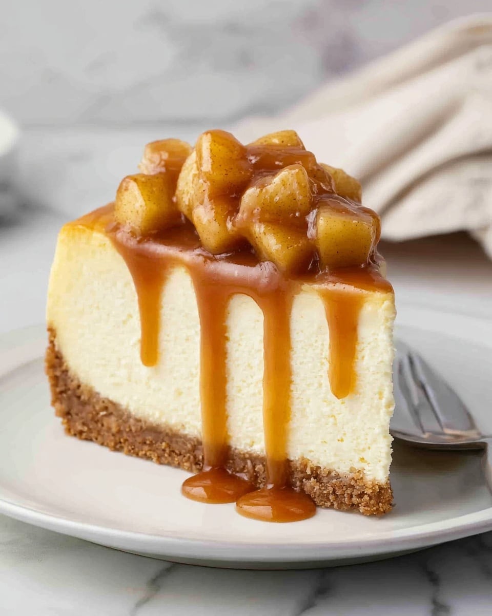 A white plate holds a single thick slice of light yellow cheesecake with a smooth texture and a golden brown crumb crust at the bottom. On top of the cheesecake, there is a generous layer of glossy caramel sauce with small, chunky pieces of cooked apples in a golden-brown color, dripping down the front and pooling on the plate. A silver fork is partially visible behind the cheesecake. The background is a white marbled surface with a soft, folded white napkin in the back. photo taken with an iphone --ar 4:5 --v 7