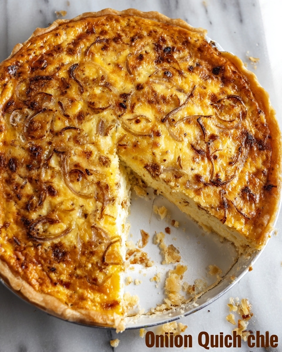 A round quiche with a golden brown top showing visible cooked onion slices and melted cheese mixed throughout. The texture looks smooth with some browned spots from baking, and the quiche is sliced with one piece removed, revealing a slightly creamy and firm inside. The quiche sits in a white metal pie dish on a white marbled surface, with some crumbs scattered nearby. Photo taken with an iphone --ar 4:5 --v 7