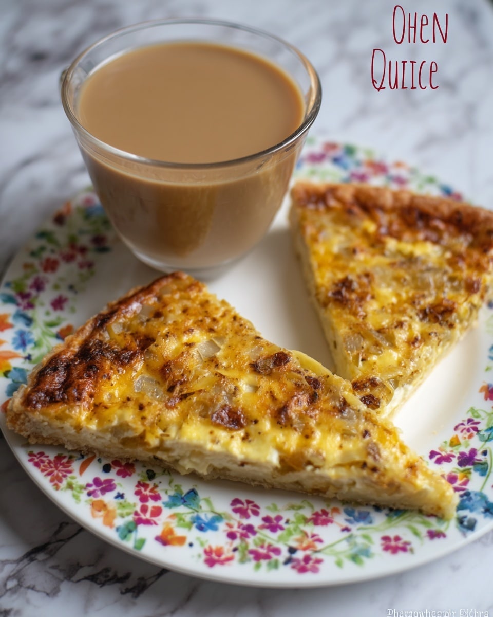 Two triangular slices of onion and cheese quiche are placed on a white plate decorated with colorful floral patterns on the edges. The quiche has a golden-brown top with visible bits of onion and melted cheese, showing a slightly creamy and textured surface. Next to the slices is a clear glass cup filled with light brown coffee, resting on the same white plate. The background is a white marbled texture. photo taken with an iphone --ar 4:5 --v 7