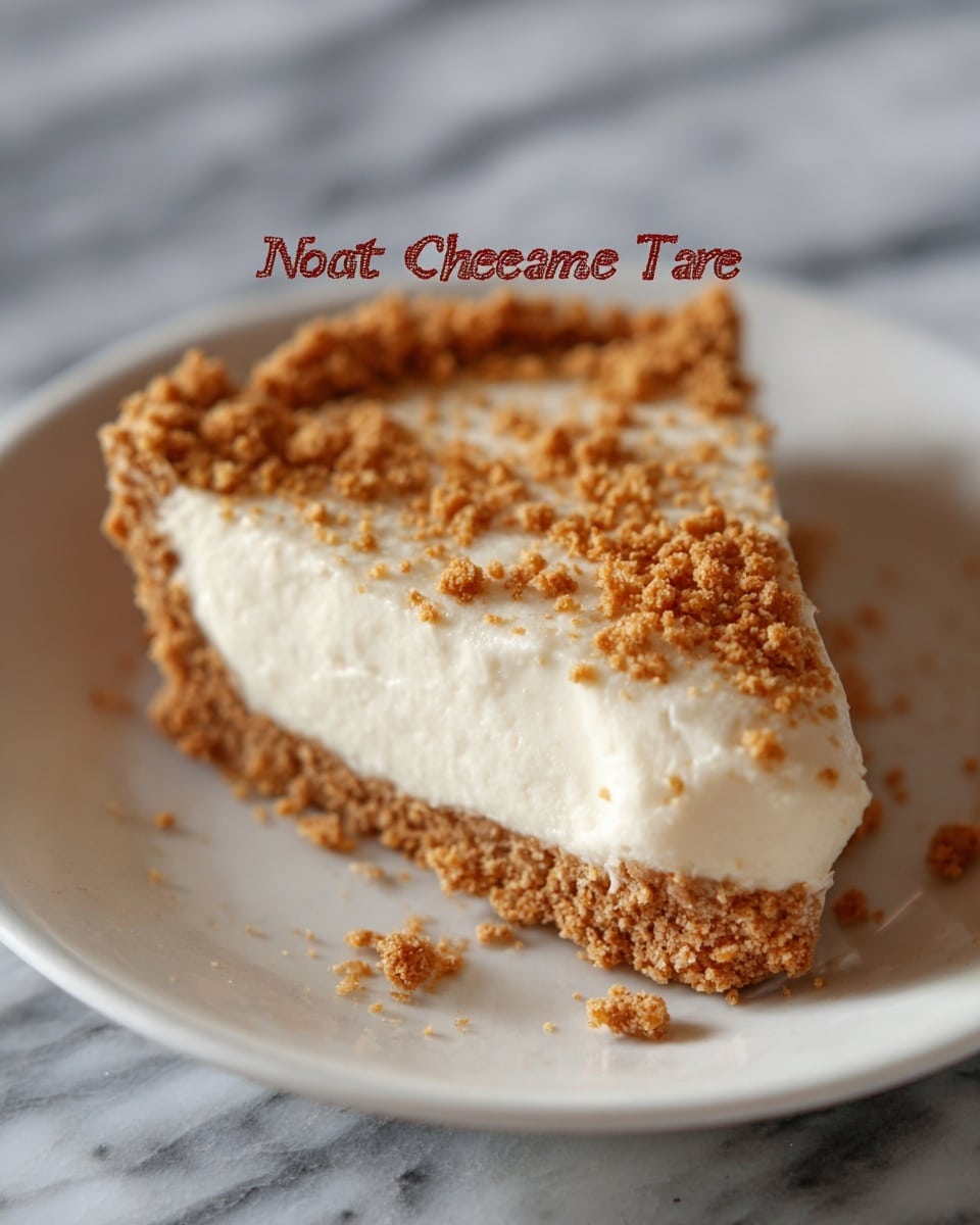 A single slice of no bake cream cheese tart sits on a white plate, showing three main layers. The bottom layer is a thick, crumbly crust made of crushed cookies or biscuits in a light brown color with a rough texture. Above the crust is a smooth, white creamy layer of cream cheese filling that covers the slice evenly and softly. The top layer has a few crumbles of the same crumbly crust sprinkled on the creamy surface. The plate rests on a white marbled surface. Photo taken with an iphone --ar 4:5 --v 7