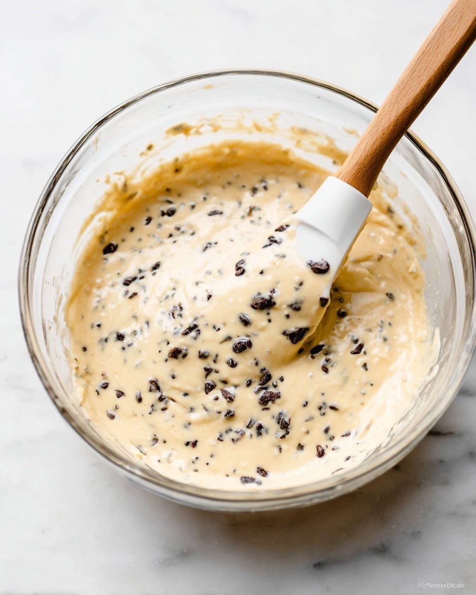 A clear glass bowl filled with creamy, pale yellow batter mixed with small, dark chocolate chips throughout. A wooden spatula with a white silicone tip is dipped into the batter on the right side, lifting some mixture. The bowl sits on a white marbled surface. photo taken with an iphone --ar 4:5 --v 7