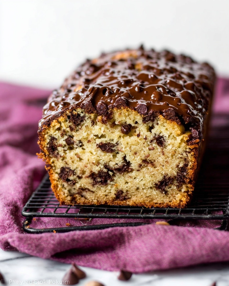A close-up of a loaf cake with one visible thick slice showing a light golden inside filled with many small dark chocolate chips scattered throughout. The cake has a rough textured top covered with a thick layer of glossy melted chocolate spread unevenly. The cake sits on a black wire rack over a wrinkled purple cloth, all on a white marbled surface. Photo taken with an iphone --ar 4:5 --v 7