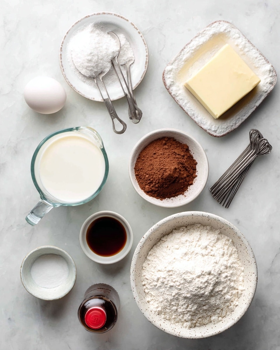 The image shows several baking ingredients arranged on a white marbled surface. In the center right, there is a white speckled bowl filled with white flour. Below it and slightly to the right, a glass measuring cup holds white milk. To the left of the milk, a white egg rests on the surface. Above the egg, a small white bowl contains white baking soda or powder. Near the center, a small round bowl holds dark brown liquid, likely vanilla extract. Above that, a small white measuring cup is filled with cocoa powder, showing a cracked, dry texture. Next to the cocoa powder, there is a set of three silver measuring spoons stacked together. On the left side, a small white plate holds a rectangular piece of yellow butter. Below that, a small dark bottle, possibly vanilla flavoring, has a red cap. At the bottom left, a white measuring cup is filled with white sugar. The scene is well-lit and clean, with the white marbled background adding brightness. photo taken with an iphone --ar 4:5 --v 7